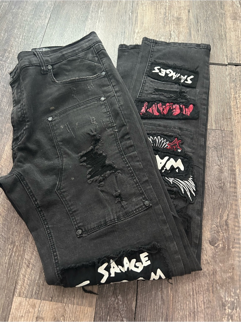 EUC Mens Heritage America 1776 Denim Distillery Distress Patchwork Punk Goth - Picture 2 of 13